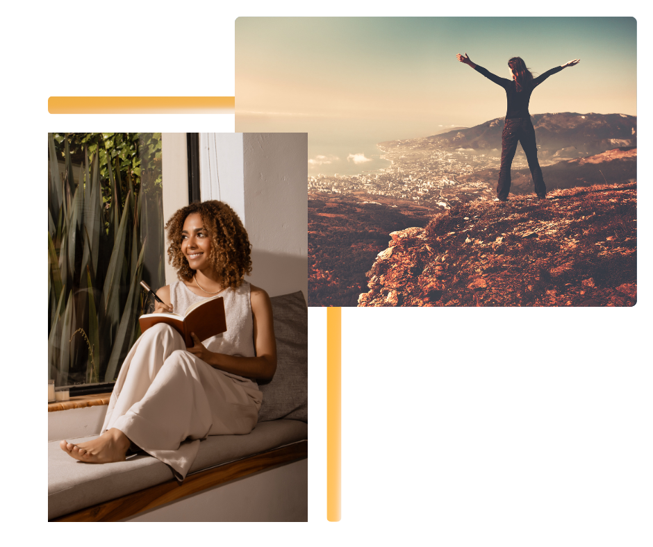 A thoughtful woman journaling beside a woman standing on a mountain at sunrise