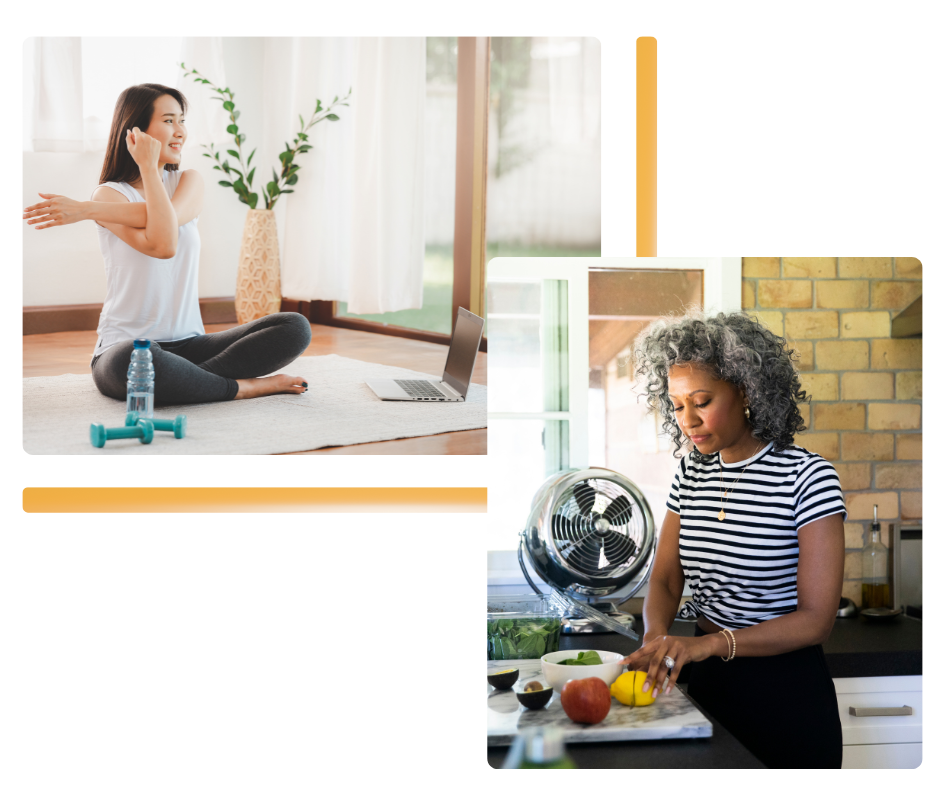 Women stretching and preparing nourishing food
