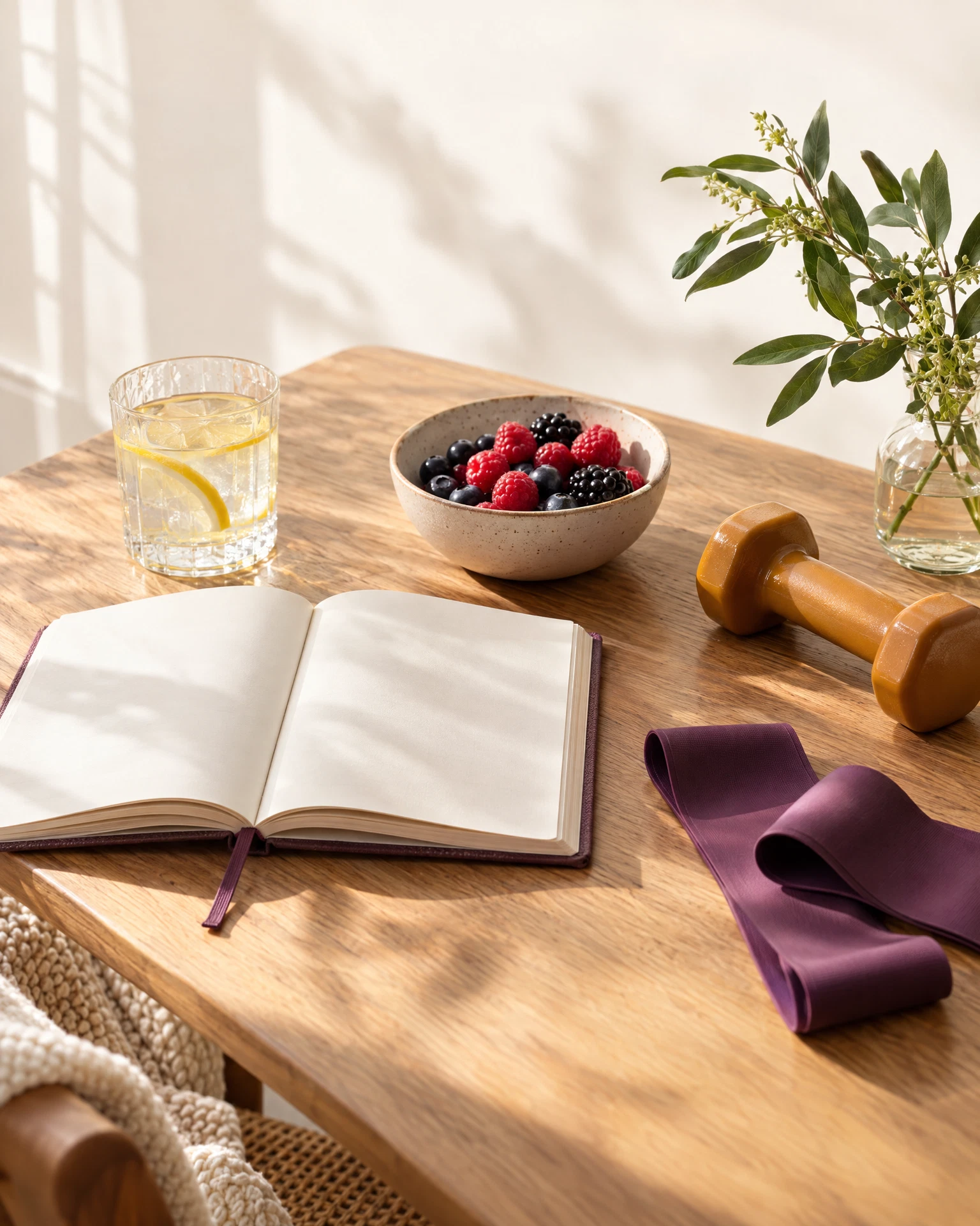 A devotional journal, nourishing fruit, lemon water, and simple fitness equipment on a sunlit table