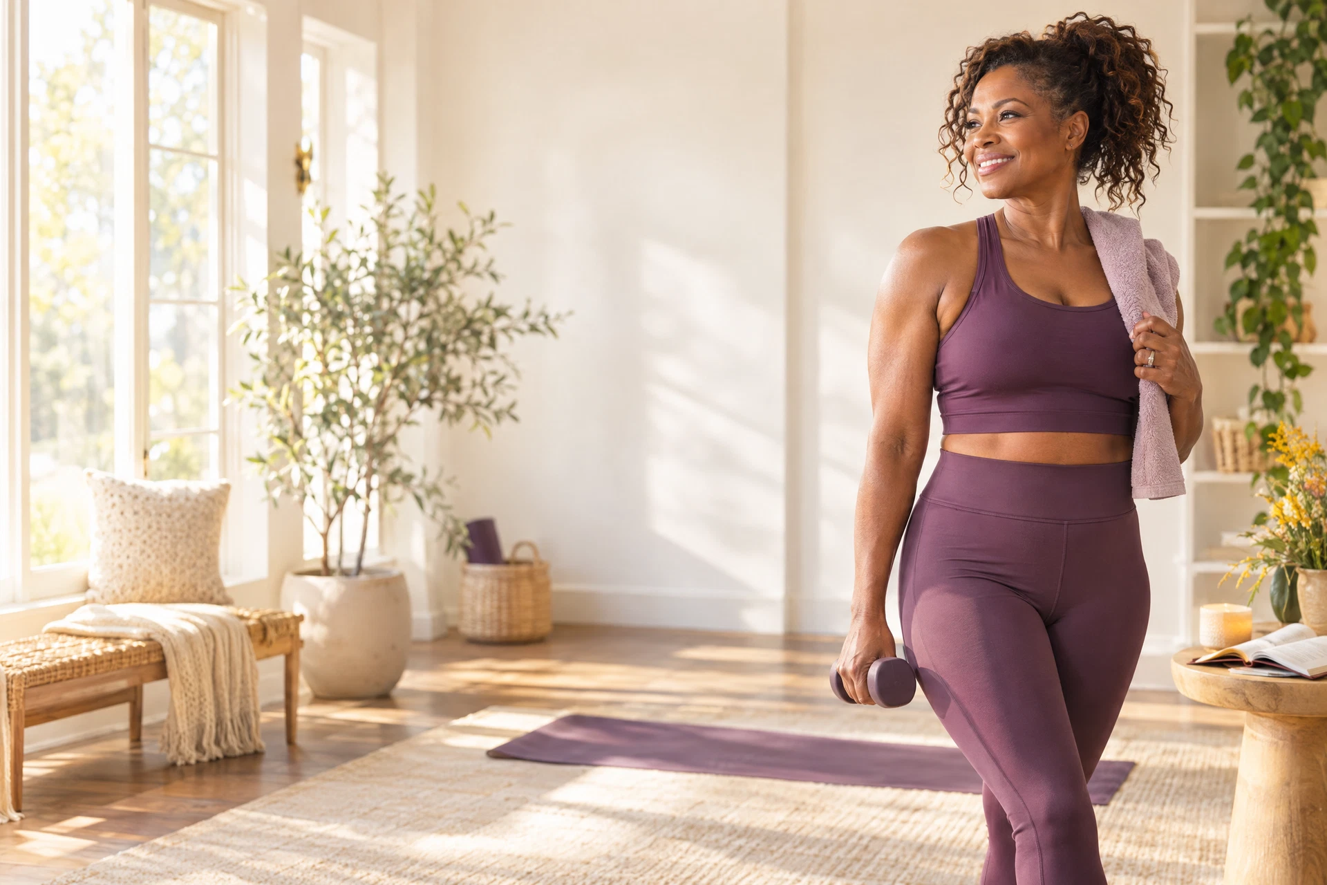 A woman in a bright home wellness studio pausing after strength training